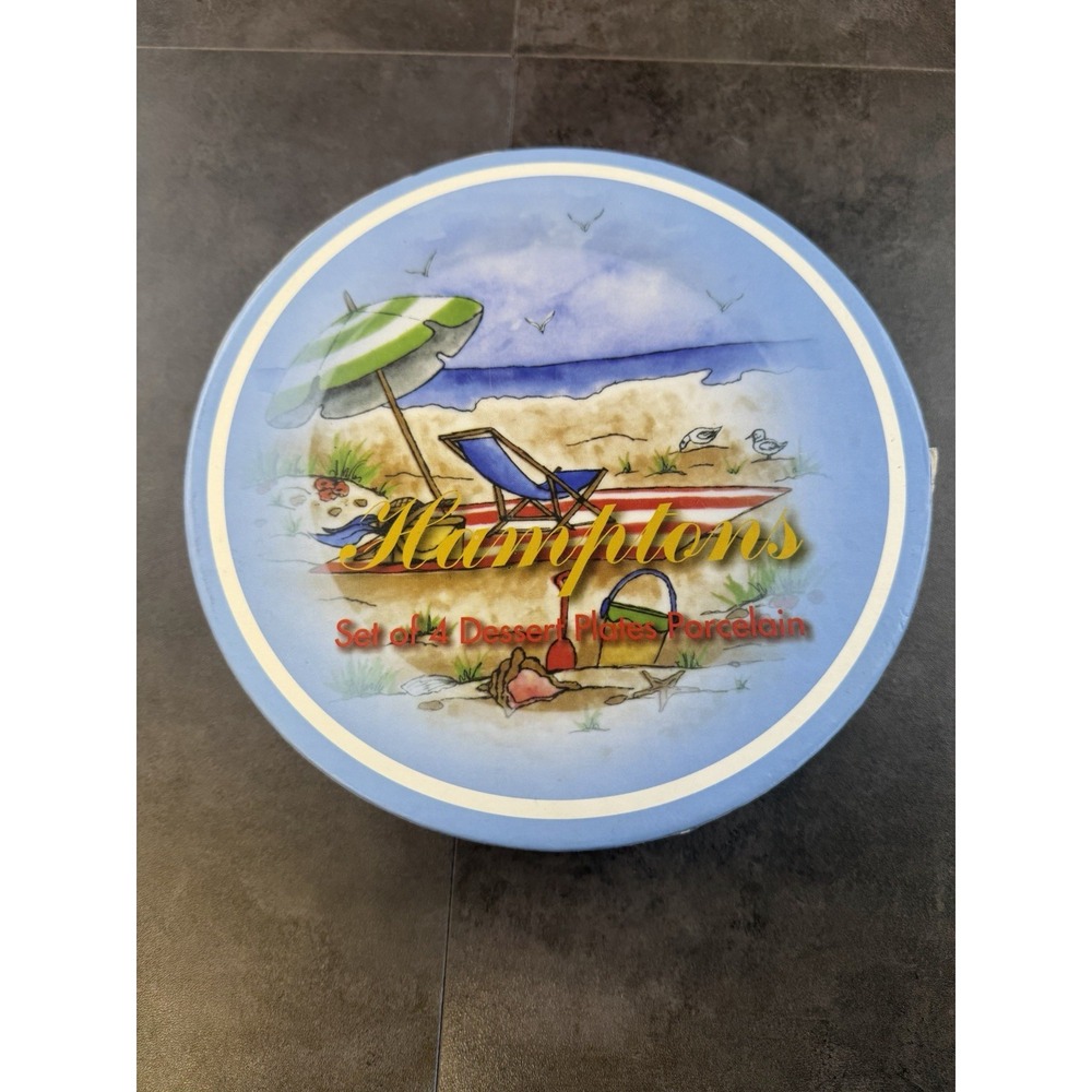 Hamptons Set of 4 Porcelain Coastal Beach Scenes Dessert Plates New Open Box